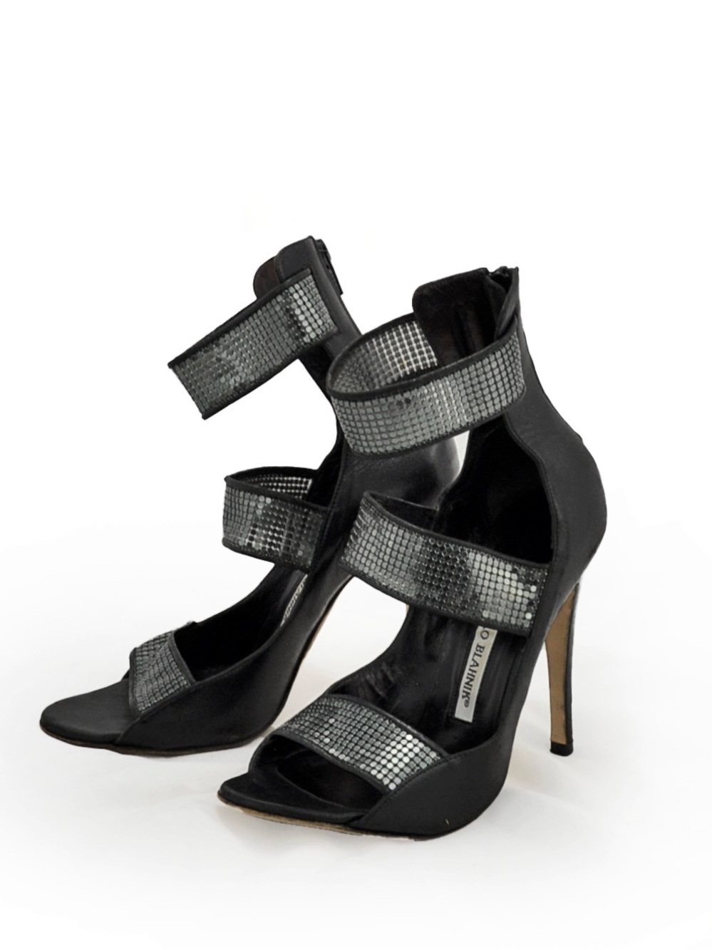 Vintage Manolo Blahnik Black Leather Embellished Metallic Chain Mail Mesh Heels